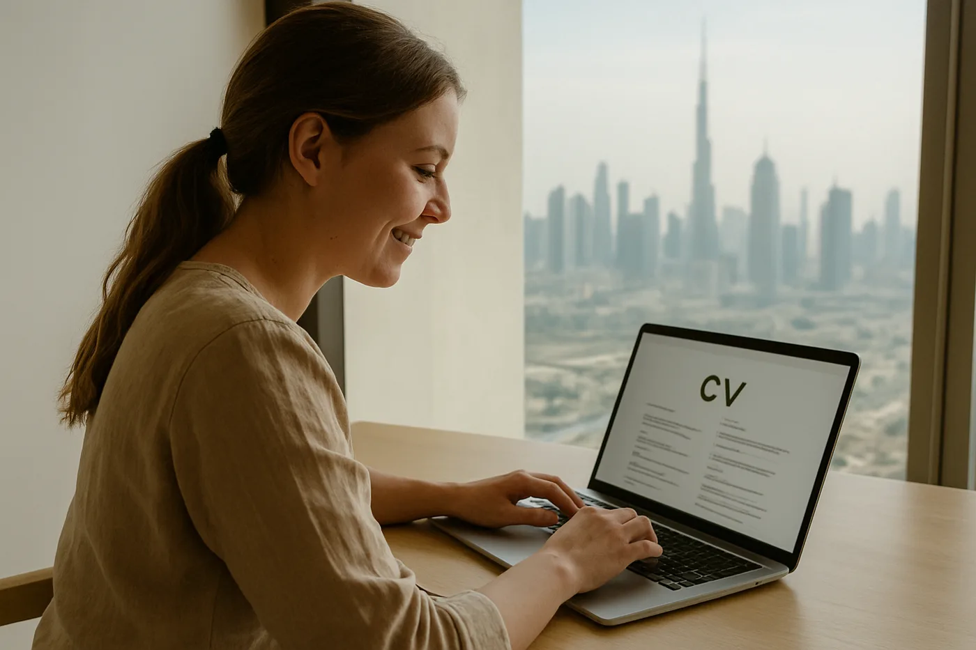 A smiling young woman in Dubai checking her CV on a laptop