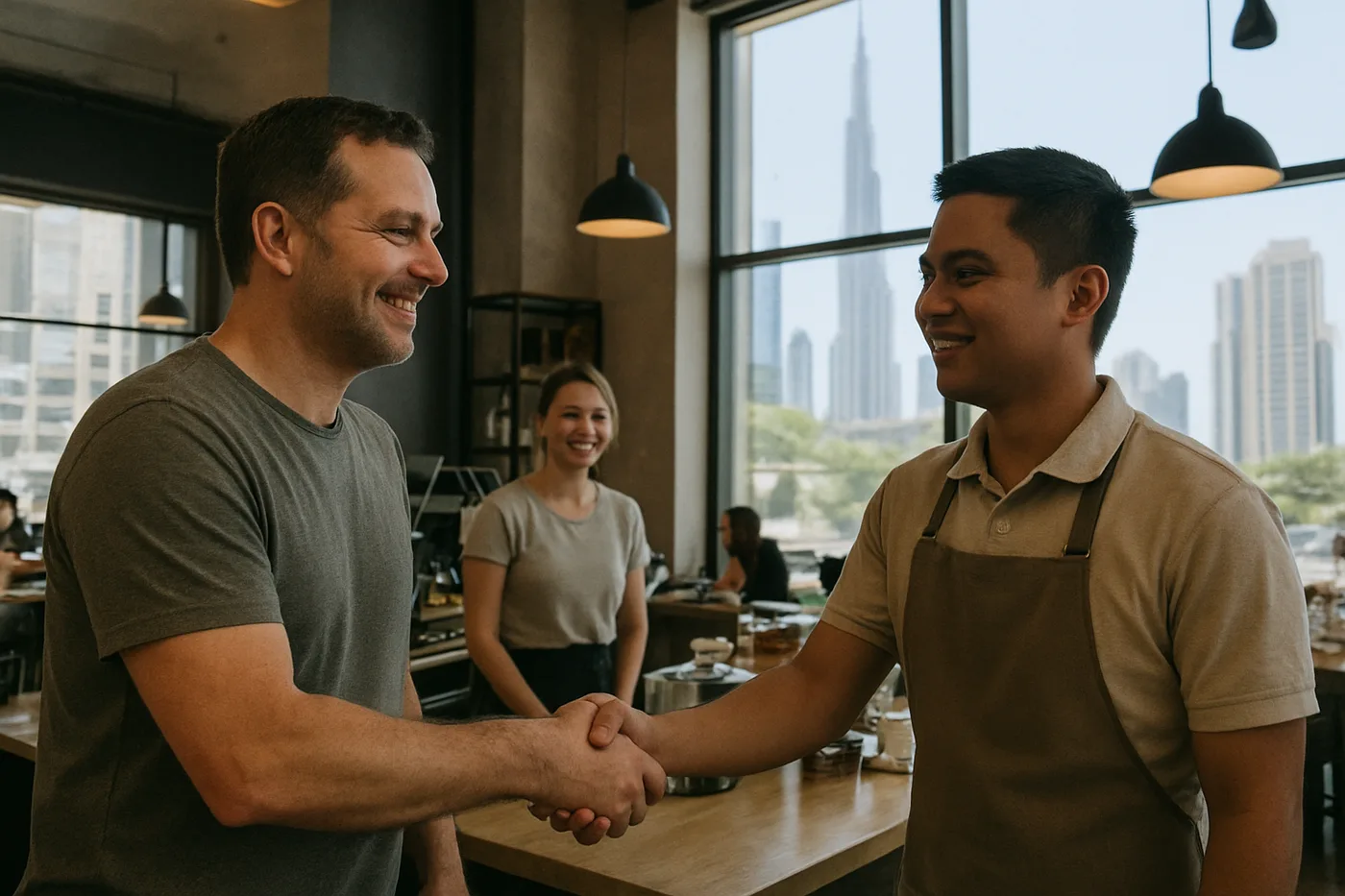 A café owner in Downtown Dubai shaking hands with a new waiter