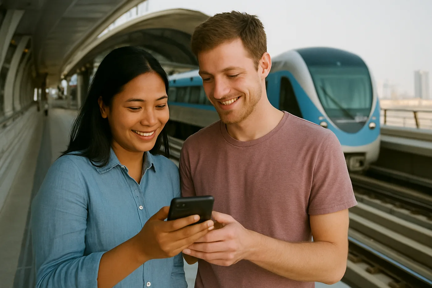 Two friends looking at new jobs on a phone at a Dubai Metro station