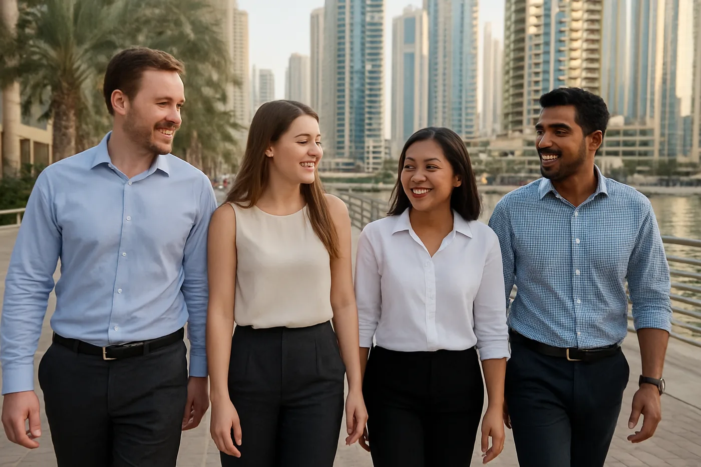 Four co-workers chatting on the Dubai Marina promenade